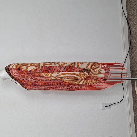 Entro Red Orange Paisley Print Hippie Bohemian Wide Sleeve Fringe Hem Kimono -M - Picture 8 of 12